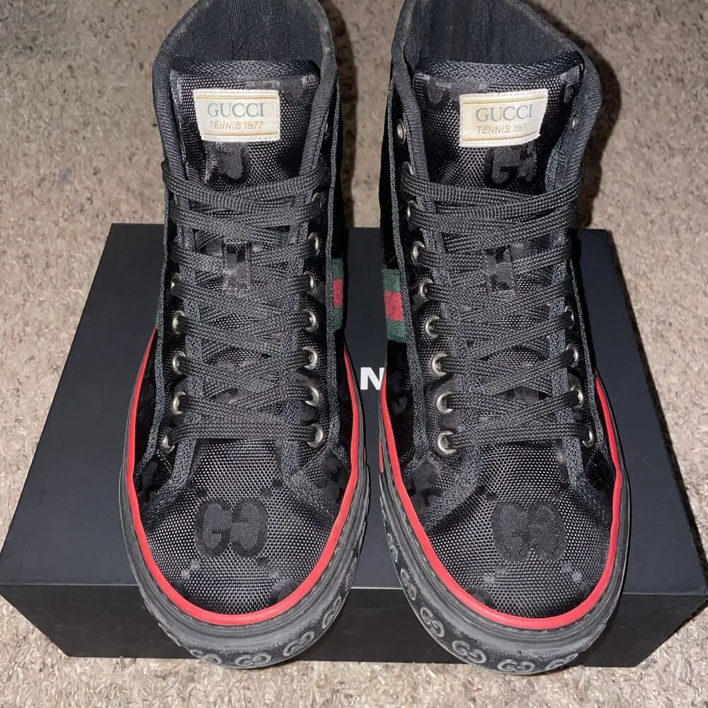 100% Authentic Gucci Tennis 1977 High Top GG Sneakers Black US M 9, W 10.5